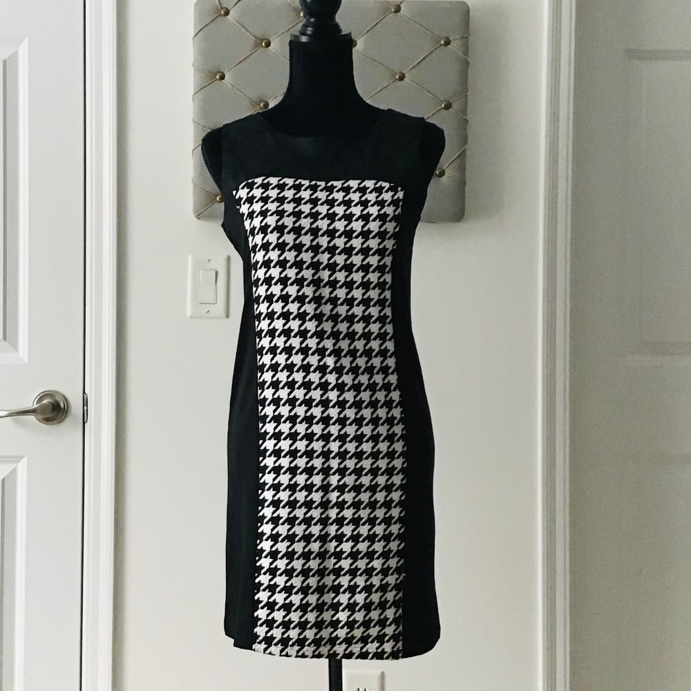 Faux suede and black and white houndstooth dress.